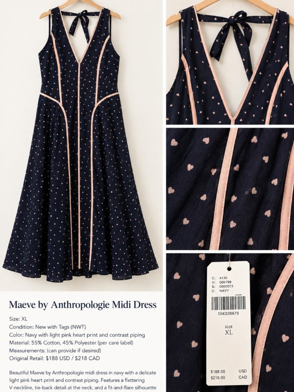 Maeve by Anthropologie Navy Heart Print Midi Dress XL NWT